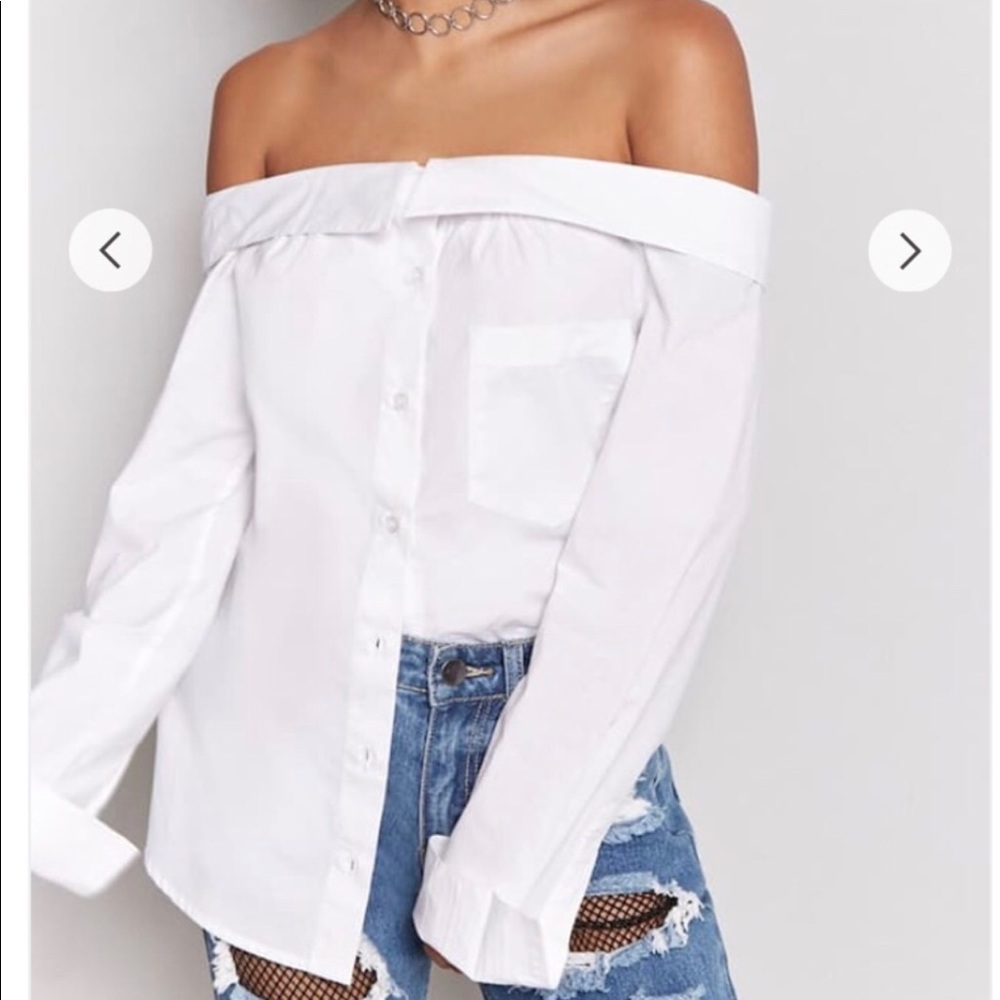 Off the shoulder white button up